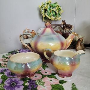 Royal Winton Grimwades Rainbow Lustreware Teapot, Creamer, and Sugar Bowl Set